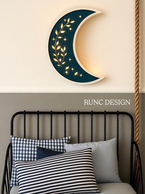 Runc Design Dekoratif Hilal Ay Gece Lambası - Yaprak Detaylı Ahşap Duvar Lambası - Çocuk Odası ve Yatak Odası Işıklı Tablo