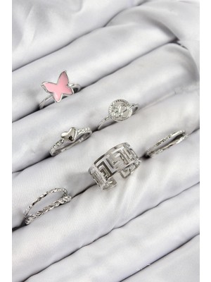 Pazarcan Pirinç ve Kalp Model Gümüş Renk Kadın Yüzük Kombin Set