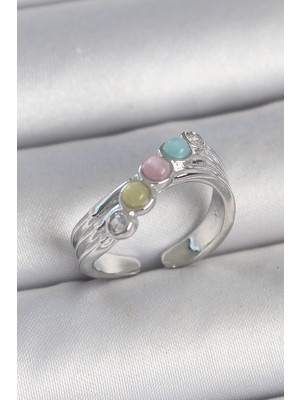 Pazarcan Pirinç Gümüş Renk Zirkon Taş Detaylı Renkli Mineli Ayarlanabilir Kadın Yüzük
