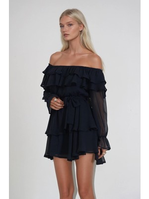 Lijuri Omuz Dekolteli Kuşaklı Fırfırlı Şifon Mini Elbise 2023