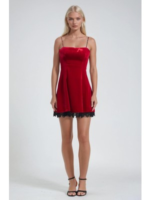 Lijuri Dantel Detaylı Askılı Kadife Mini Elbise 2016