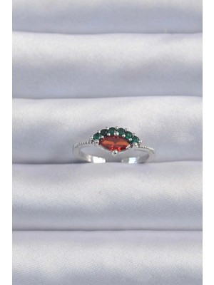 Pazarcan Pirinç Gümüş Renk Renkli Zirkon Taşlı Ayarlanabilir Karpuz Model Yüzük