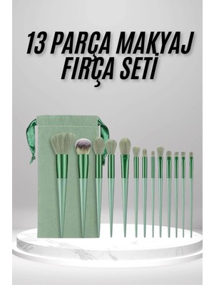 Pazarcan Makyaj Fırça Seti Yeşil 13 Parça Fondöten Fırçası Allık Fırçası Far Fırçası