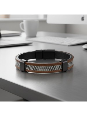 Vaoov Modern Çelik Örgü Detaylı Mıknatıslı Kahverengi Deri Erkek Bileklik
