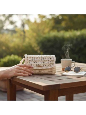 Creatif La Femme Krem Rengi Kağıt Ip Clutch El Örgüsü Çanta