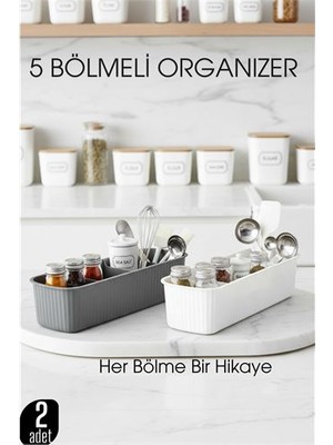 Ayena Moda 5 Bölmeli Mutfak Organizer Kutusu Gri & Beyaz 2’li Set  Baharat ve Gereç Düzenleyici