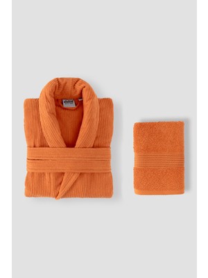Ellaline Çizgili Bornoz Takımı %100 Pamuk Sertifikalı 2 Parça, Şalyaka Bornoz ve Kafa Havlusu Takımı Turuncu