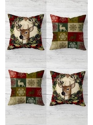 Pelangi Geyik Kokina Çiçek Ekose Yılbaşı Christmas Gizli Fermuarlı Kırlent Kılıfı Yastık Kılıfı TAKIM(4ADET), Bordo-Yeşil-Bej 43 x 43