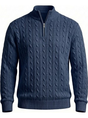 Bardem Saç Örgülü Yarım Fermuar Erkek Triko Kazak - İndigo