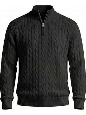 Bardem Saç Örgülü Yarım Fermuar Erkek Triko Kazak - Siyah
