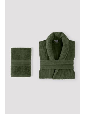 Ellaline Çizgili Bornoz Takımı %100 Pamuk Sertifikalı 2 Parça, Şalyaka Bornoz ve Kafa Havlusu Takımı Koyu Yeşil