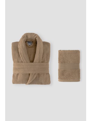 Ellaline Çizgili Bornoz Takımı %100 Pamuk Sertifikalı, Şalyaka 2 Parça Bornoz Kafa Havlusu Bej Renk