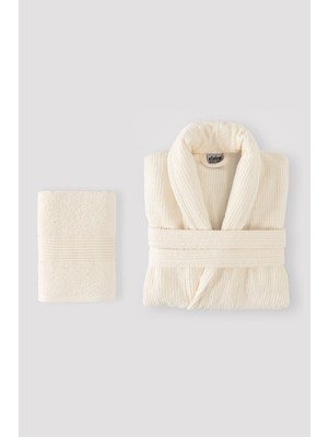 Ellaline Çizgili Bornoz Takımı %100 Pamuk Sertifikalı 2 Parça, Şalyaka Bornoz ve Kafa Havlusu Takımı Krem