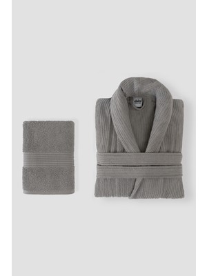 Ellaline Çizgili Bornoz Takımı %100 Pamuk Sertifikalı 2 Parça, Şalyaka Bornoz ve Kafa Havlusu Takımı Gri