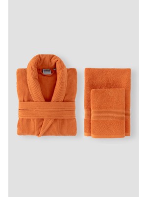 Ellaline Çizgili Bornoz Seti %100 Pamuk Sertifikalı 3 Parça Şalyaka Bornoz ve Baş Havlusu Takımı Turuncu
