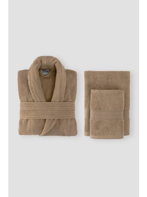 Ellaline Çizgili Bornoz Seti %100 Pamuk Sertifikalı 3 Parça Şalyaka Bornoz ve Baş Havlusu Takımı Bej