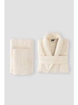 Ellaline Çizgili Bornoz Seti %100 Pamuk Sertifikalı 3 Parça Şalyaka Bornoz ve Baş Havlusu Takımı Krem Renk