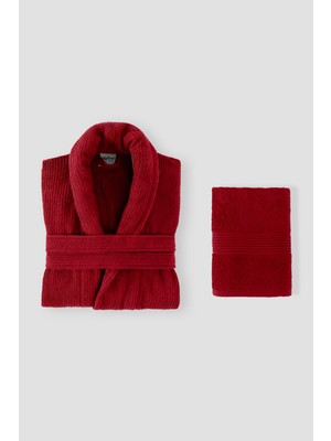Ellaline Çizgili Bornoz Takımı %100 Pamuk Sertifikalı 2 Parça, Şalyaka Bornoz ve Kafa Havlusu Takımı Bordo