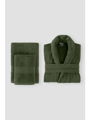 Ellaline Çizgili Bornoz Seti %100 Pamuk Sertifikalı 3 Parça Şalyaka Bornoz ve Baş Havlusu Takımı Koyu Yeşil