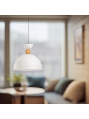 Ahşap Boncuk Detaylı Tekli Sarkıt Aydınlatma, Metal Sıvama, Ev, Ofis, Cafe, Restoran Avizeleri, E27 Duy (Beyaz)