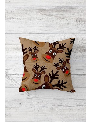 Pelangi Geyik Yılbaşı Desenli Çift Tarafı Baskılı Gizli Fermuarlı Yastık Kılıfı Kırlent Koltuk Yastık Kılıfı, Acı Kahverengi 45 x 45