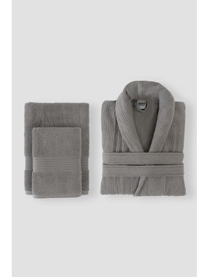 Ellaline Çizgili Bornoz Seti %100 Pamuk Sertifikalı 3 Parça Şalyaka Bornoz ve Baş Havlusu Takımı Gri Renk