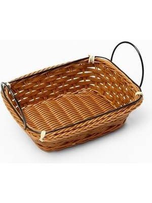 Ekmek Sepeti 21X17X7 Cm, Hasır Görünümlü Plastik, Metal Saplı, Kahvaltı ve Sunum Için Modern Tasarım, Bulaşık Makinesinde Yıkanabilir, Çok Amaçlı Sofra Servis Sepeti