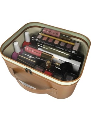 Şeffaf Makyaj Çantası - Makyaj Malzemesi Düzenleyici, Sütyen ve Iç Çamaşır Organizeri, Kozmetik Malzemesi Saklama Çantası (Taba)