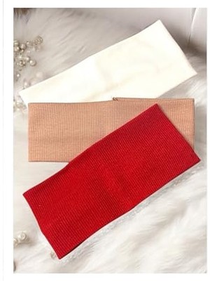 Kalın Saç Bandı Set, Fitilli Saç Bandı, 3 Adet (Kırmızı - Beyaz - Bej Fitilli, 8 Cm)