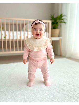 Beren Kız Bebek Fisto Dantel Yakalı Pembe Takım - %100 Pamuklu Sweatshirt ve Aşt Eşofman Seti