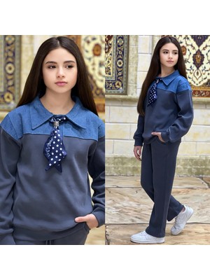 Burçak Butik Kız Çocuk Kot Parçalı Gömlek Yaka Sweat/pantolon 2'li Şık Takım-Bayramlık (Tak Çıkar Fular Hediyeli)