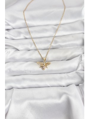 ForWhat Zarif Boyunlar Için Golden Çelik Zincirli Zirkonlu Sinek Kadın Kolye