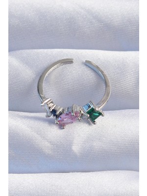 Pusat Pirinç Gümüş Renk Renkli Zirkon Taşlı Ayarlanabilir Yüzük - Lisinya