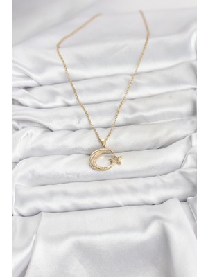 ForWhat Zarif Boyunlar Için Golden Çelik Zincirli Zirkonlu Ayyıldız Kadın Kolye