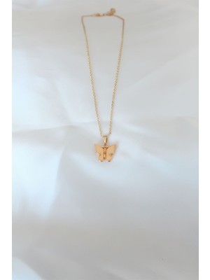 ForWhat Zarif Boyunlar Için Golden Kaplama Sarı Renk Sedefli Kelebek Kadın Kolye