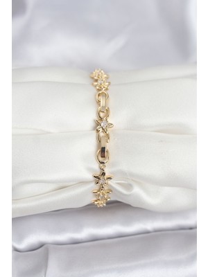 ForWhat Zarif Bilekler Için Golden Pirinç Zirkonlu Prestij Sıralı Taşlı Yıldız Kadın Bileklik