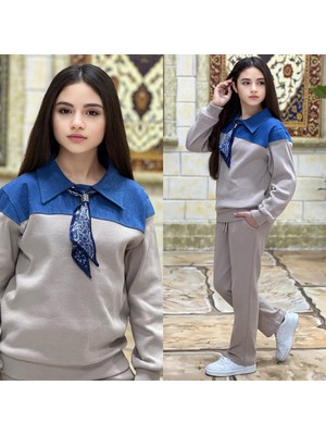 Burçak Butik Kız Çocuk Kot Parçalı Gömlek Yaka Sweat/pantolon 2'li Şık Takım-Bayramlık (Tak Çıkar Fular Hediyeli)
