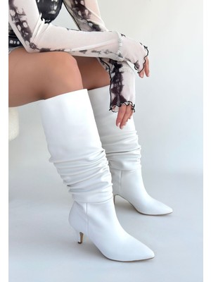 Pusat Zelya Beyaz Cilt Topuklu Çizme - Lisinya