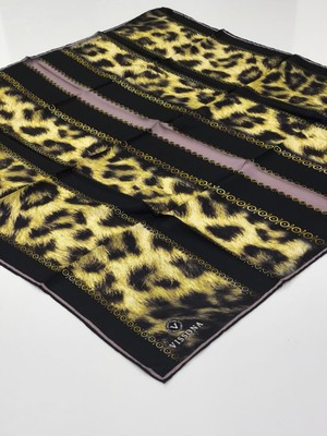 Vissona Tivil Ipek Eşarp Leopar Desen Siyah Gül Kurusu Gold 3003-1