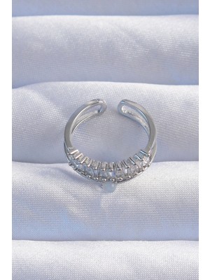 Pusat Pirinç Gümüş Renk Sedefli Zirkon Taşlı Su Yolu Model 2li Görünüm Ayarlanabilir Yüzük - Lisinya