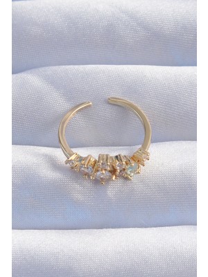 Pusat Pirinç Gold Renk Zirkon Taşlı Damla Detay Ayarlanabilir Yüzük - Lisinya