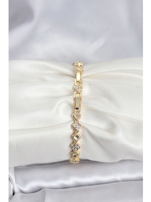 ForWhat Zarif Bilekler Için Golden Pirinç Zirkonlu Prestij Sıralı Yonca Kadın Bileklik