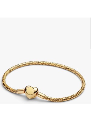 Poseidons Jewellery Gold Renk Kalp Klipsli Kesme Yüzeyli Yılan Zincirli Bileklik