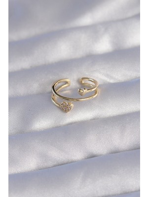 Pusat Pirinç Gold Renk Zirkon Taşlı Kalpli Model Ayarlanabilir Yüzük - Lisinya