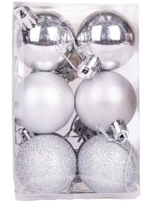 Yılbaşı Topu Simli Mat Parlak 12'li Set Gümüş 4 Cm.