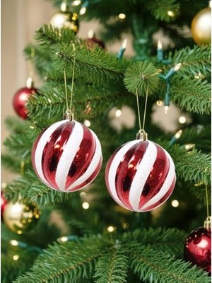 Yılbaşı Ağaç Süsü Kırmızı-Beyaz Çizgili Top 8 cm 2'li