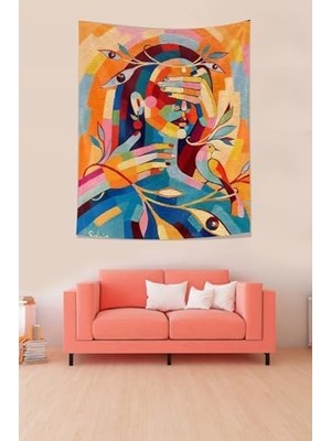 Pelangi Üçüncü Göz Mindfullnes Yağlı Boya Kadın Portre Leke Tutmaz Kumaş Duvar Örtüsü Duvar Halısı Tapestry, Turuncu-Mavi 70 x 100, 17768700170100