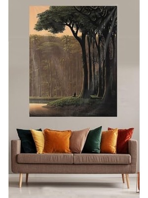 Pelangi Ormanda Oturan Insan Leke Tutmaz Kadife Dokulu Kumaş Duvar Örtüsü Duvar Halısı Tapestry, Kahverengi 70 x 100, 85941897010026