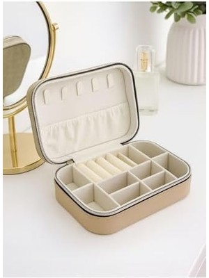 Fermuarlı Seyahat Takı Kutusu – Çok Bölmeli Şık Organizer, Kolye Küpe Yüzük Takı Düzenleyici Çanta (Bej)
