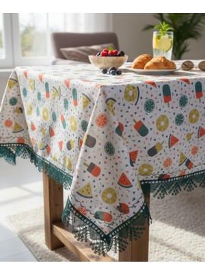 Yarımada Kadın Kooperatifi Dertsiz Raşel Kumaştan, Kenarları Dantel Detayli ve Piko Nakisli Masa Örtüsü